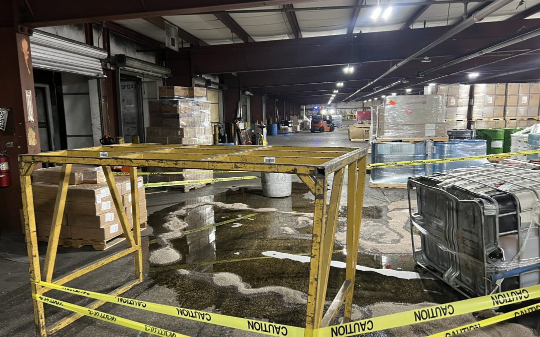 spilled liquid in warehouse