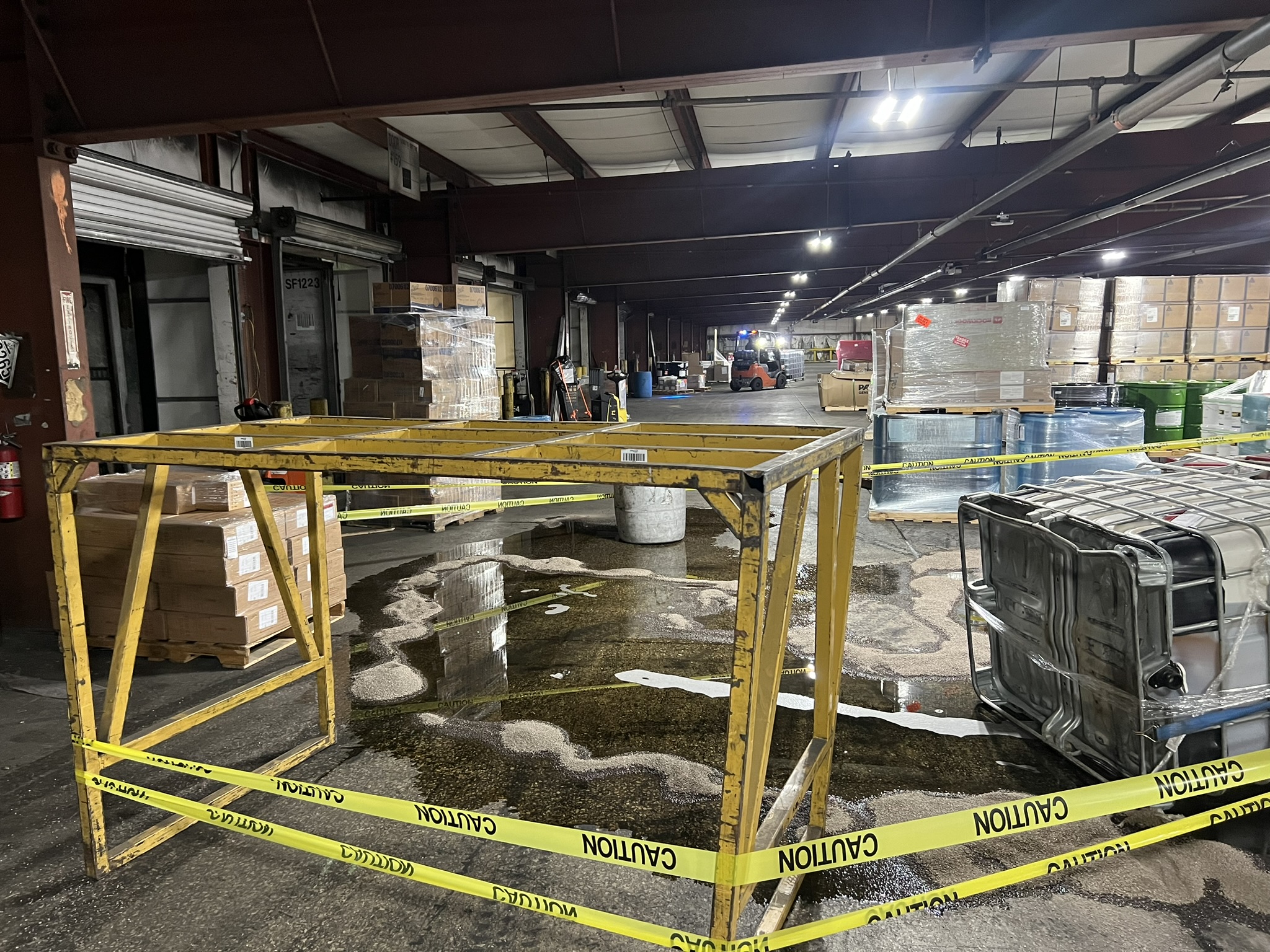 spilled liquid in warehouse